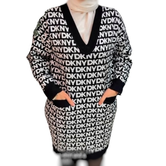 DKNY - Long Sleeves V Neck Sweater Dress - Picture 1 of 16